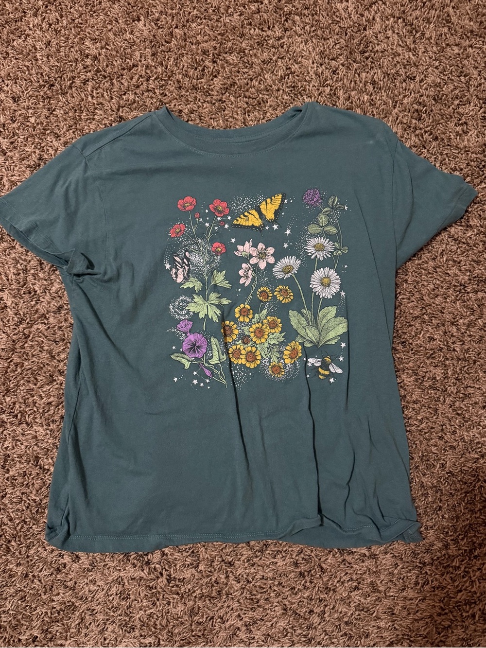 Women’s Short Sleeve Floral & Butterfly Graphic Tee - Teal Green
